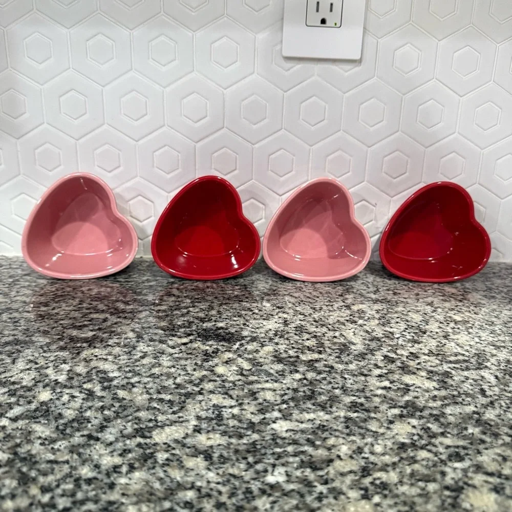 4 Red & Pink Ceramic Heart Ramekin Dishes